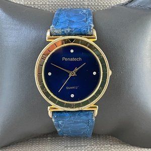 Penatech Quartz Ladies Wristwatch Blue Leather Band Gold Tone Case Watch